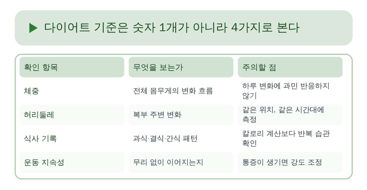 다이어트 기준은 숫자 1개가 아니라 4가지로 본다 요약 인포그래픽