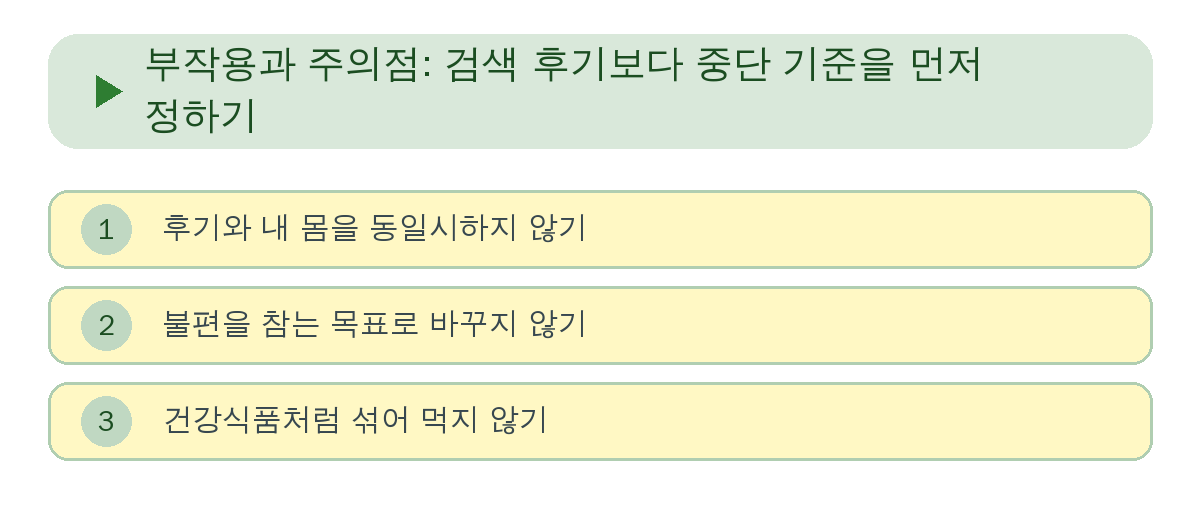 부작용과 주의점: 검색 후기보다 중단 기준을 먼저 정하기 요약 인포그래픽