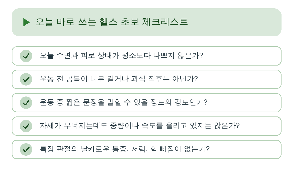 오늘 바로 쓰는 헬스 초보 체크리스트 요약 인포그래픽