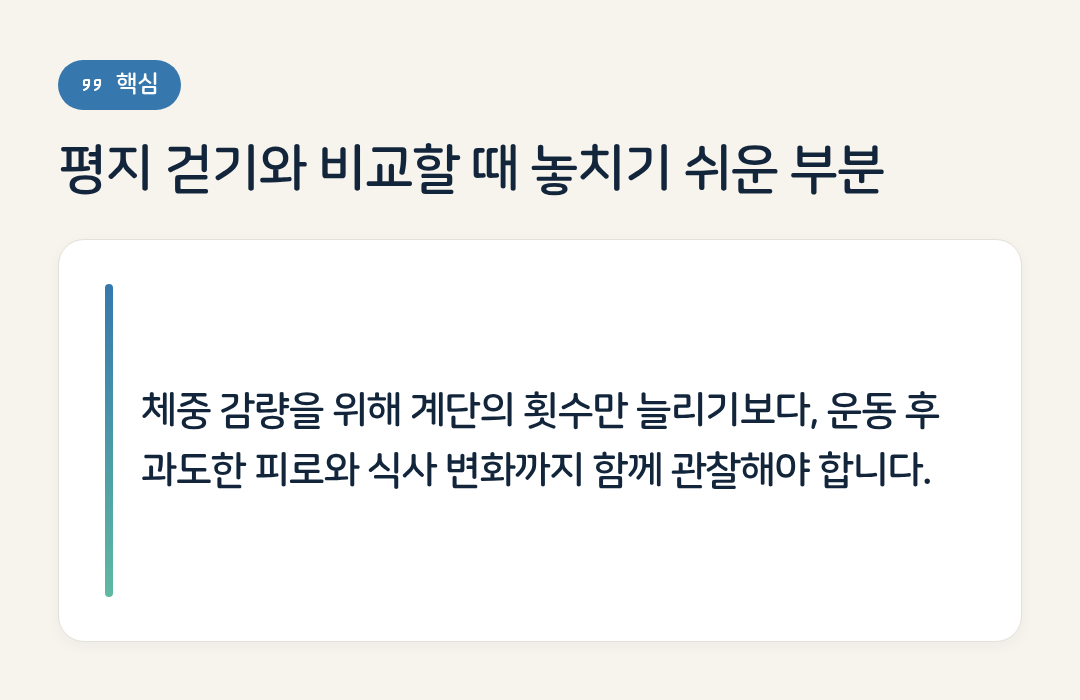 평지 걷기와 비교할 때 놓치기 쉬운 부분 요약 인포그래픽