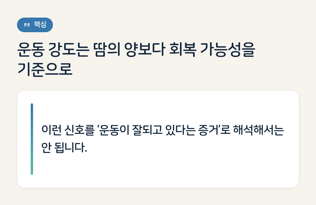 운동 강도는 땀의 양보다 회복 가능성을 기준으로 요약 인포그래픽