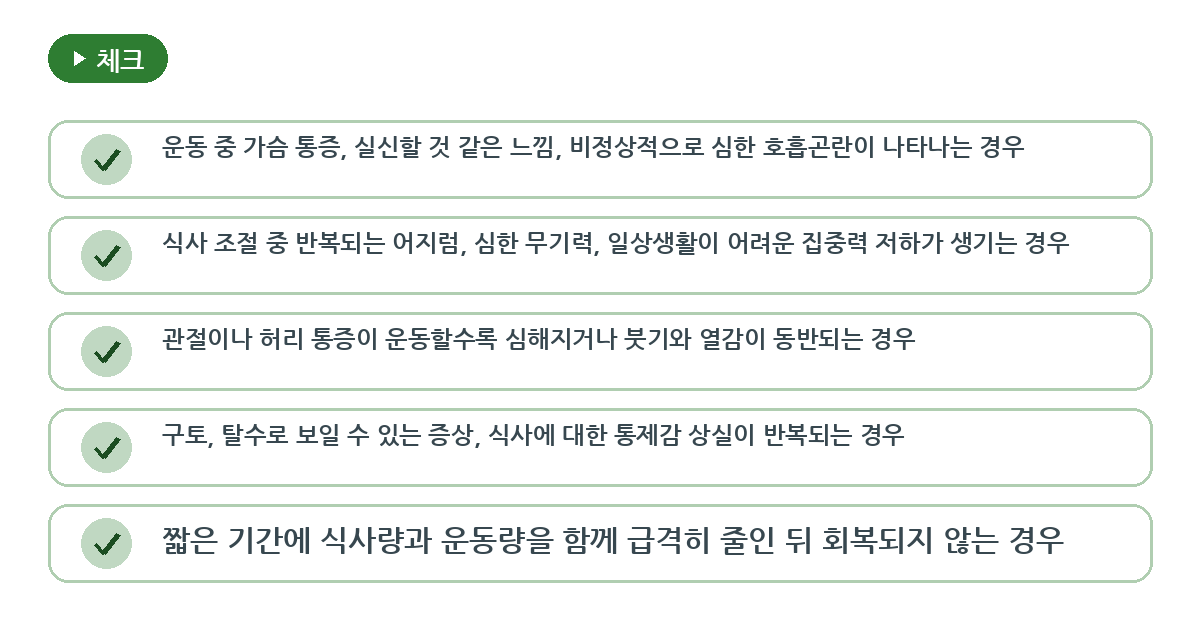 단기간 감량을 방해하는 함정과 중단 기준 요약 인포그래픽