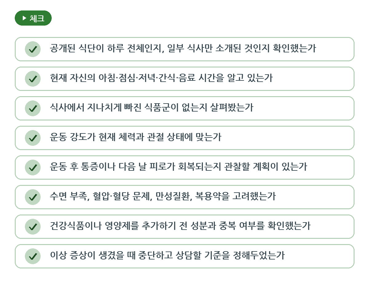 오늘 식단과 운동을 결정하기 전 체크할 것 요약 인포그래픽