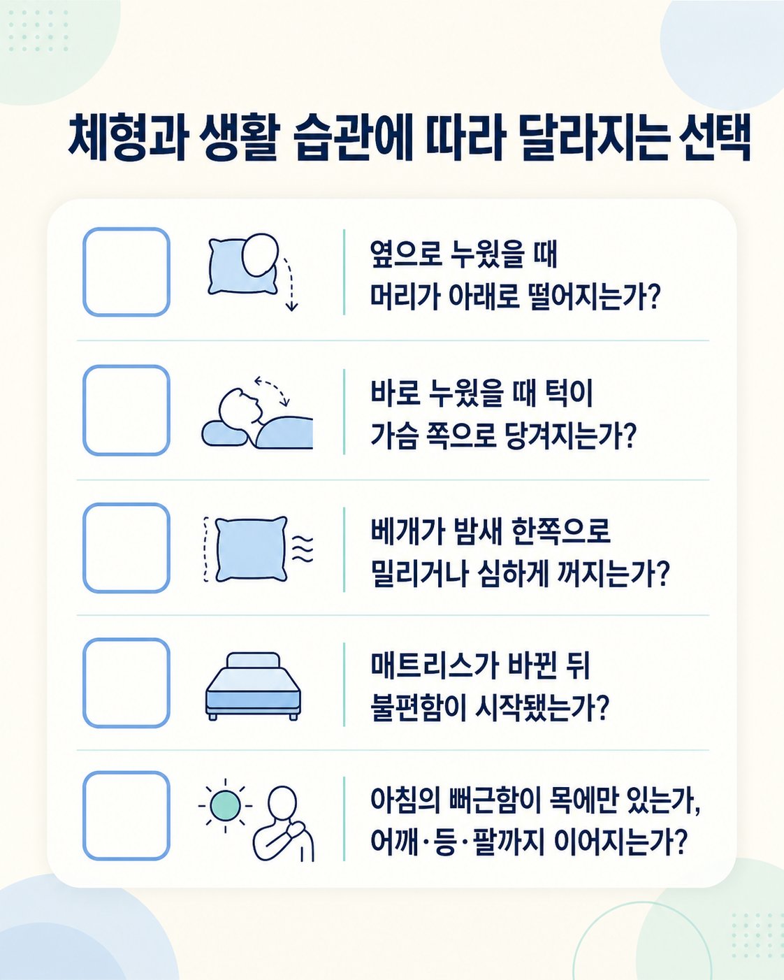 체형과 생활 습관에 따라 달라지는 선택. 옆으로 누웠을 때 머리가 아래로 떨어지는가?, 바로 누웠을 때 턱이 가슴 쪽으로 당겨지는가? 등 5가지를 확인하는 체크리스트