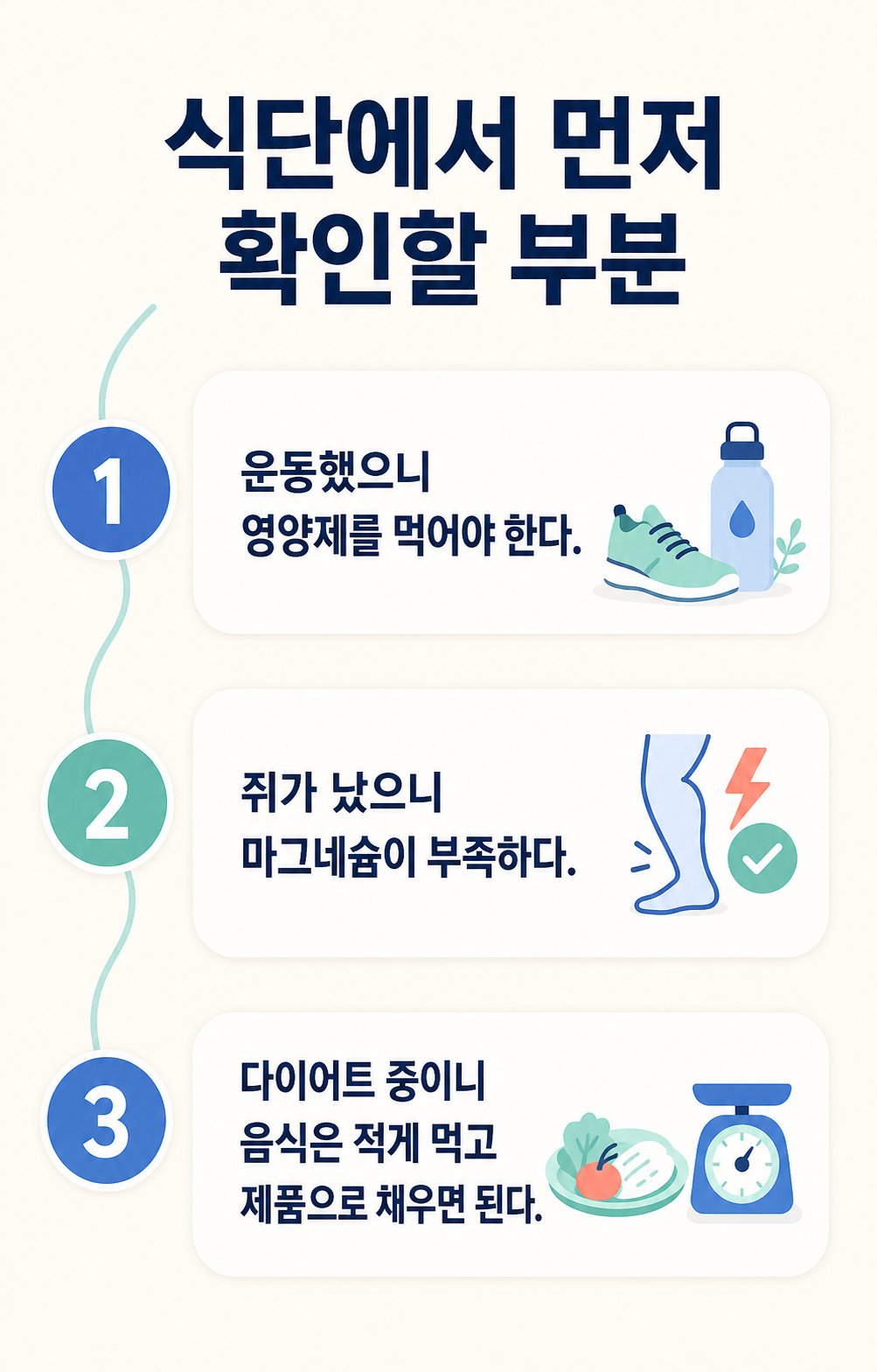 식단에서 먼저 확인할 부분. “운동했으니 영양제를 먹어야 한다.”부터 “다이어트 중이니 음식은 적게 먹고 제품으로 채우면 된다.”까지 3단계 순서도