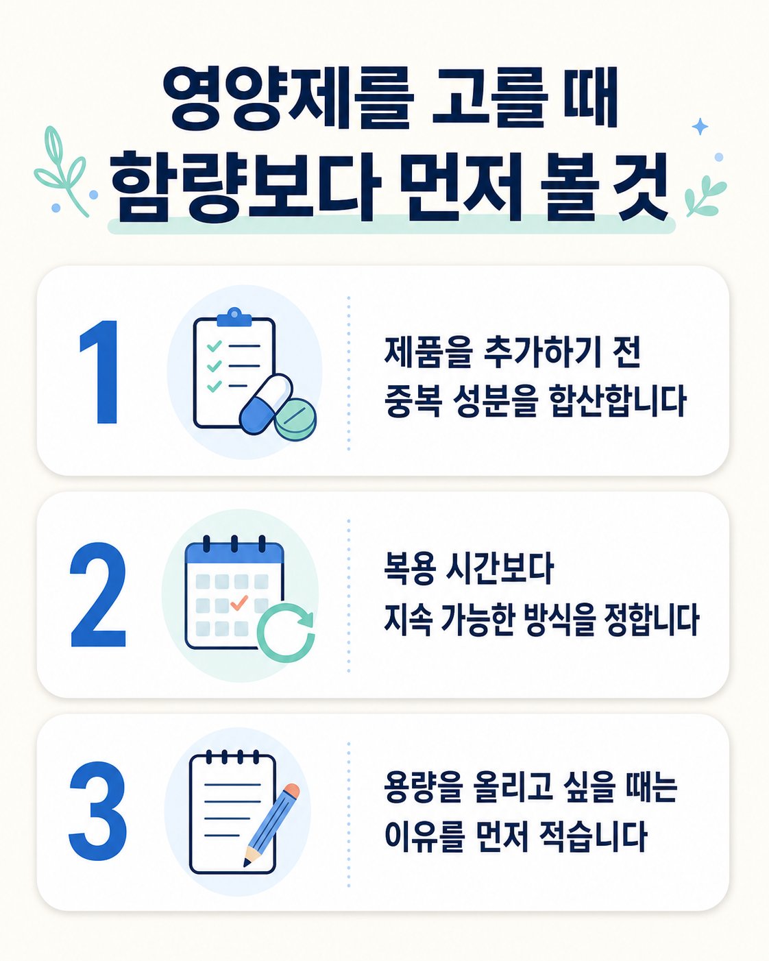 영양제를 고를 때 함량보다 먼저 볼 것. 제품을 추가하기 전 중복 성분을 합산합니다부터 용량을 올리고 싶을 때는 이유를 먼저 적습니다까지 3단계 순서도