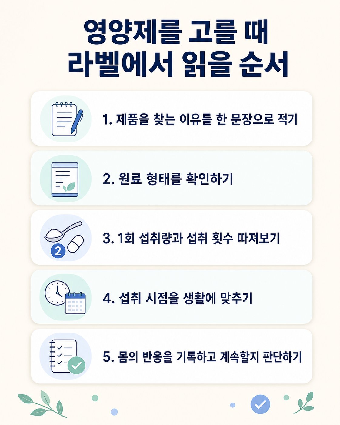 영양제를 고를 때 라벨에서 읽을 순서. 제품을 찾는 이유를 한 문장으로 적기, 원료 형태를 확인하기 등 5가지를 확인하는 체크리스트