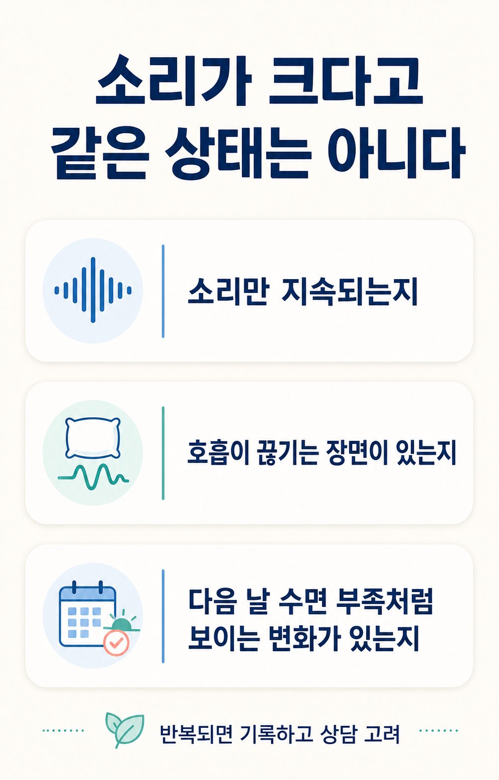소리가 크다고 같은 상태는 아니다. 소리만 지속되는지, 호흡이 끊기는 장면이 있는지 등 3가지를 확인하는 체크리스트