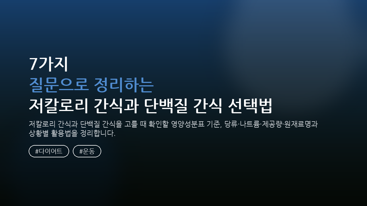 7가지 질문으로 정리하는 저칼로리 간식과 단백질 간식 선택법 — 건강/헬스 핵심을 정리한 타이틀 카드