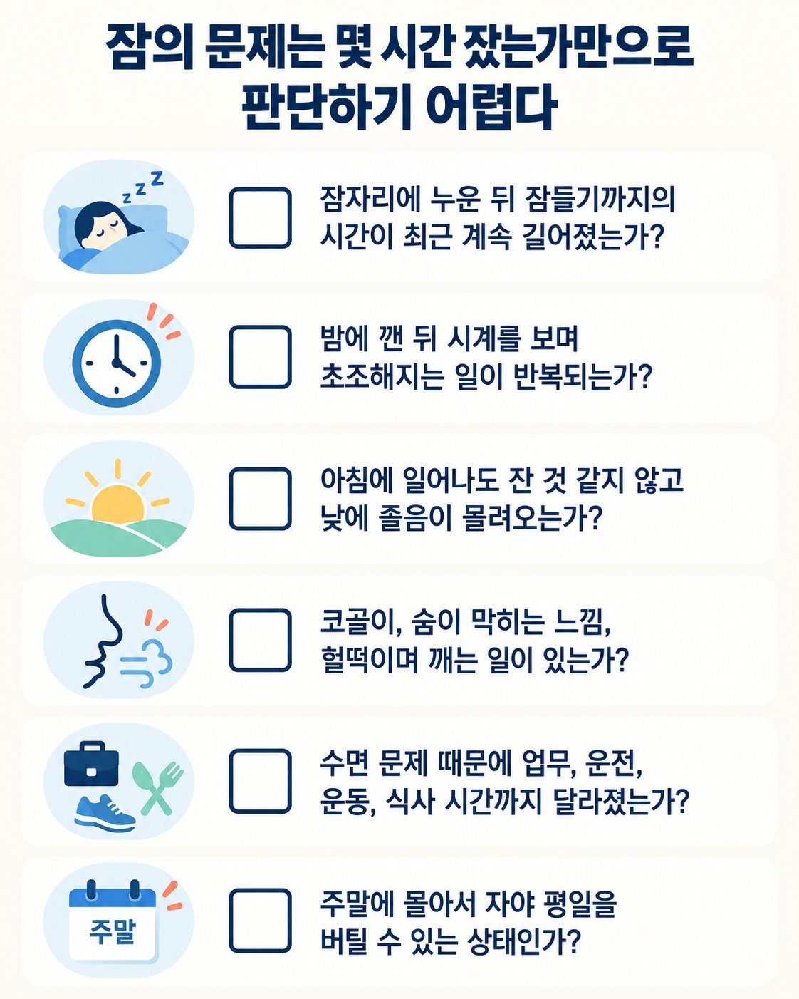 잠의 문제는 ‘몇 시간 잤는가’만으로 판단하기 어렵다. 잠자리에 누운 뒤 잠들기까지의 시간이 최근 계속 길어졌는가?, 밤에 깬 뒤 시계를 보며 초조해지는 일이 반복되는가? 등 6가지를 확인하는 체크리스트
