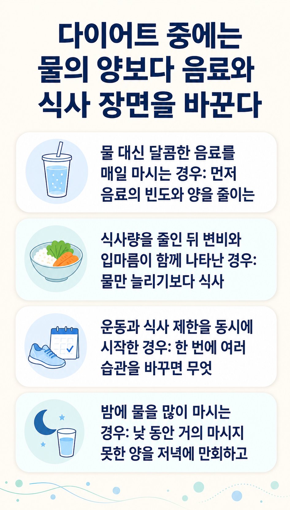 다이어트 중에는 물의 양보다 음료와 식사 장면을 바꾼다. 물 대신 달콤한 음료를 매일 마시는 경우: 먼저 음료의 빈도와 양을 줄이는, 식사량을 줄인 뒤 변비와 입마름이 함께 나타난 경우: 물만 늘리기보다 식사 등