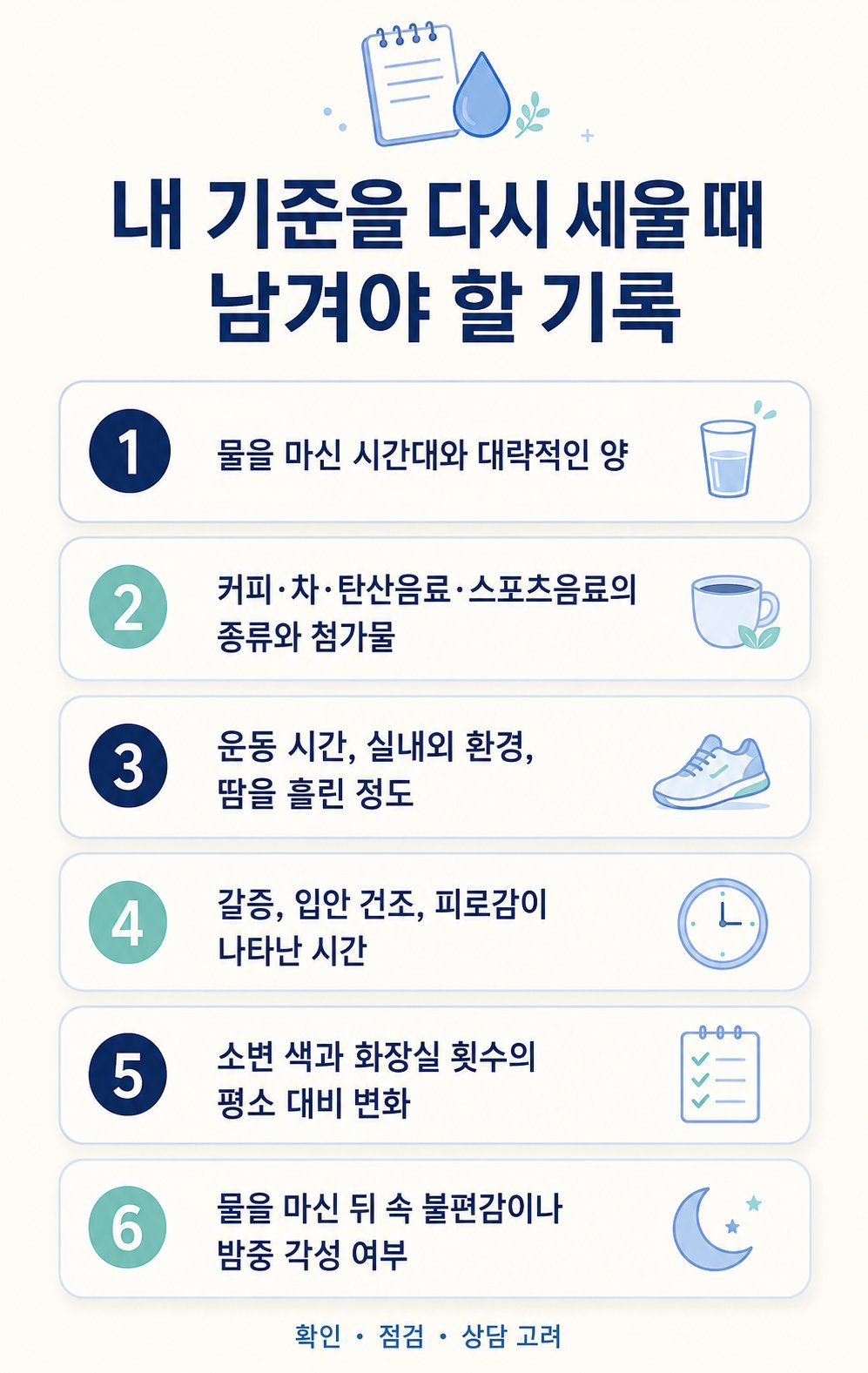 내 기준을 다시 세울 때 남겨야 할 기록. 물을 마신 시간대와 대략적인 양, 커피·차·탄산음료·스포츠음료의 종류와 첨가물 등 6가지를 확인하는 체크리스트